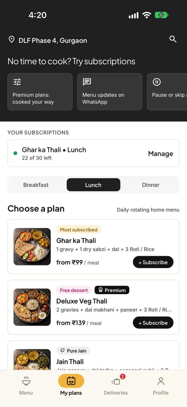 Delishush app Plans screen listing Ghar ka Thali, Deluxe Veg Thali and Jain Thali
