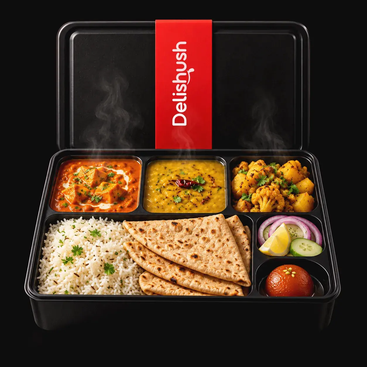 An open Delishush meal box with its red band, filled with a home-style veg thali: paneer butter masala, dal, aloo gobhi, jeera rice, rotis, salad and gulab jamun