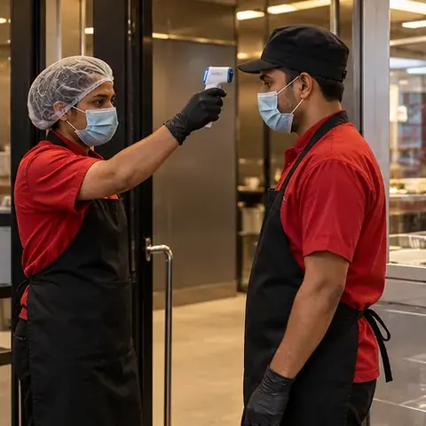A cook in a hairnet, mask and gloves plating food in a clean steel kitchen