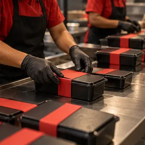 Meals being packed into sealed Delishush boxes