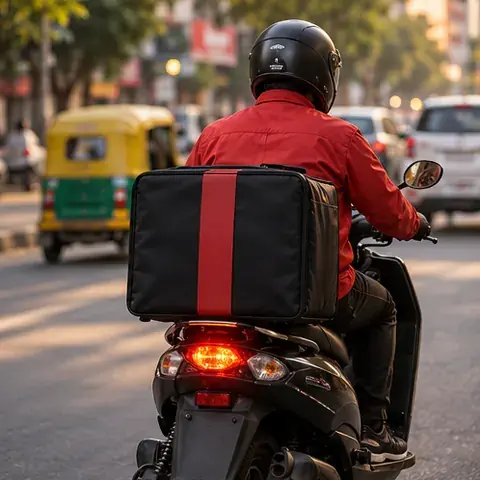 A Delishush rider in a red jacket on a scooter with a black and red delivery box