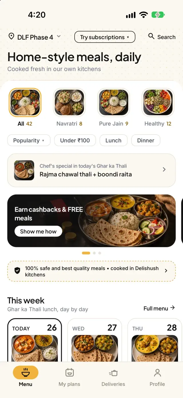 Delishush app home screen with home-style meals for DLF Phase 4