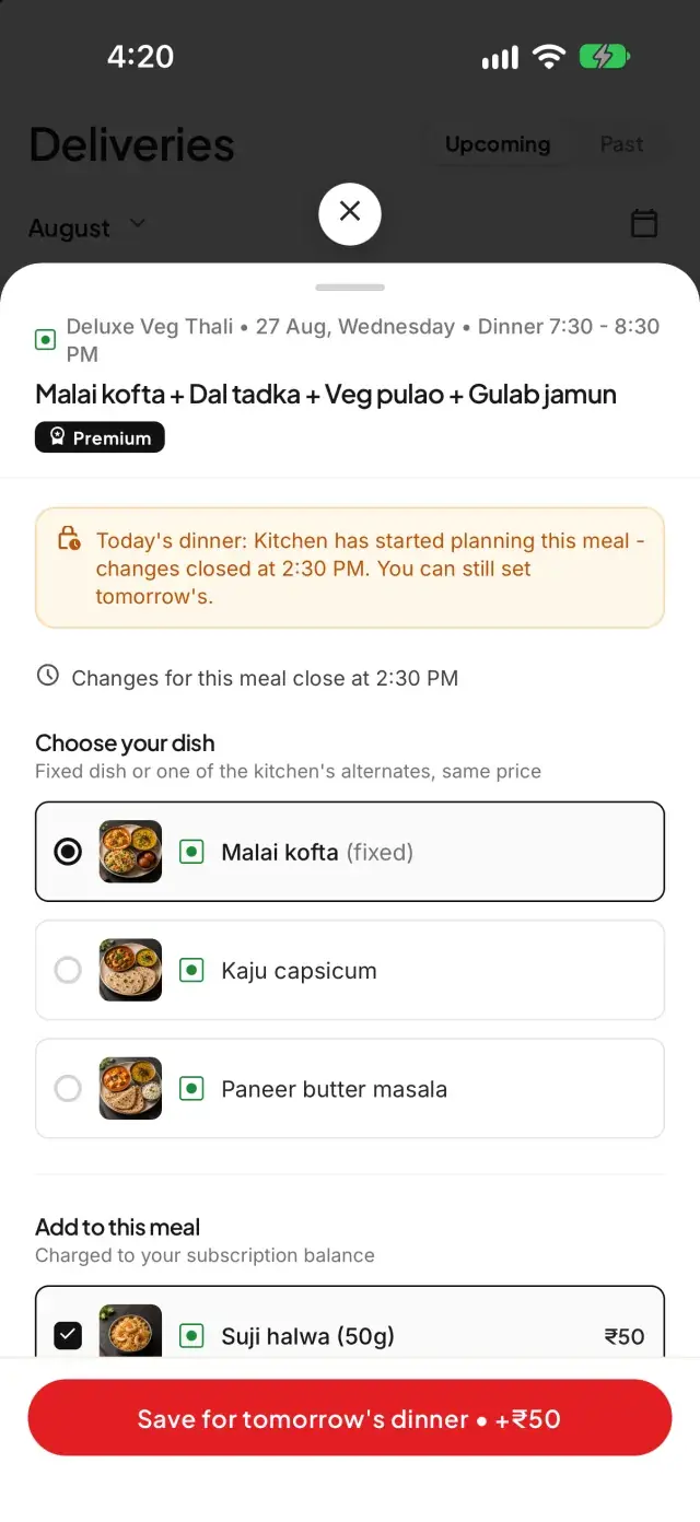 Delishush app screen: choosing a dish alternate and adding suji halwa to tomorrow's dinner