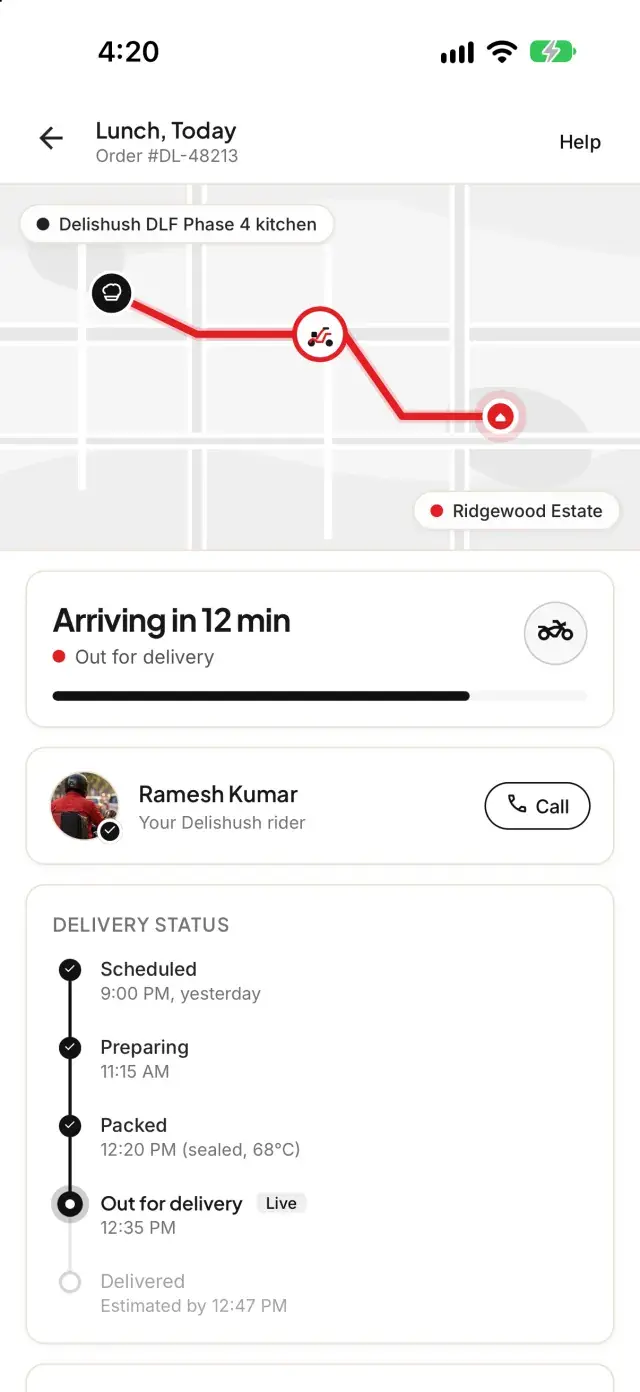 Delishush app live order tracking with the rider arriving in 12 minutes